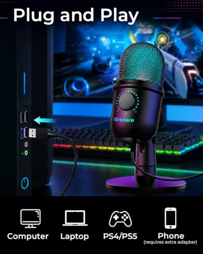 Image of GRENARO Gaming Mic for PC, USB Condenser Mic with RGB Lights, Plug & Play | Noise Cancellation, 1-Click Mute, 0-Lantency Monitoring, Cardioid Podcast Mic for PC, Streaming, YouTube Video Recording