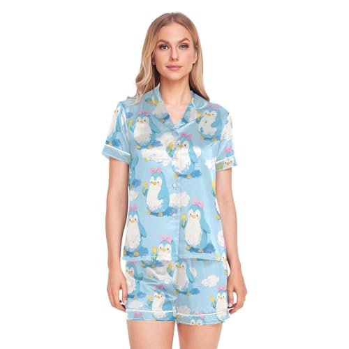 Pijama de pingüino para mujer conjunto de manga corta con botones azul talla S-XXL