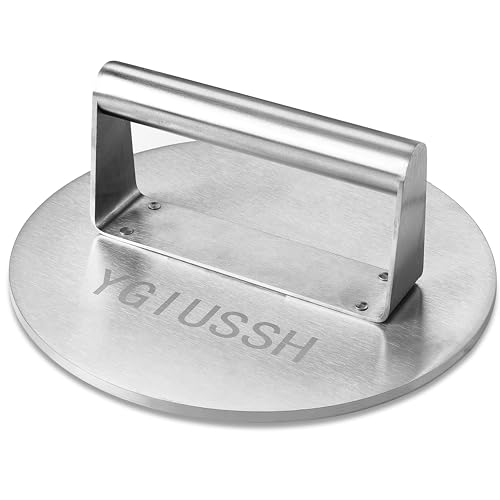 ygiussh Stainless Steel Bacon Press 8.7 Inch Round Heavy Duty BBQ Press with Heat Resistant Handle Non-Stick Burger Press Weight Burger Grinder Perfect Bacon Steak and Sandwich