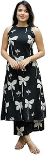 Women's Black Floral Printed Sleeveless Kurta with Palazzo, Ethnic Wear Set Price In India