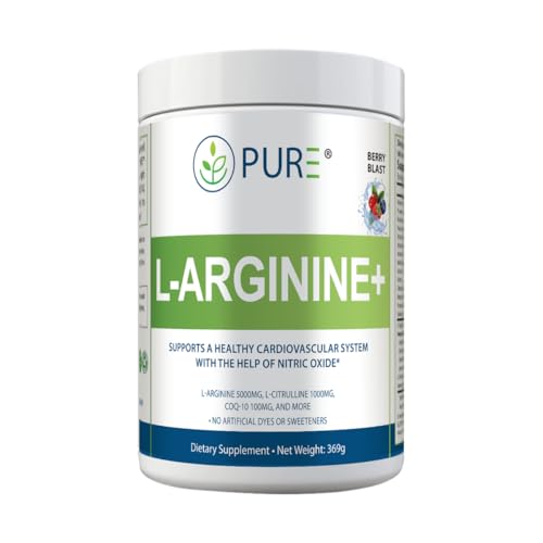 PURE L-Arginine+ Drink Mix, Berry Blast, L-Arginine 5000mg, L-Citrulline 1000mg, Vitamins B12, C, D3, Beet Root, 30 Servings, 369 Grams (Pack of 1), Premium Wellness Support, Nitric Oxide, Cardio