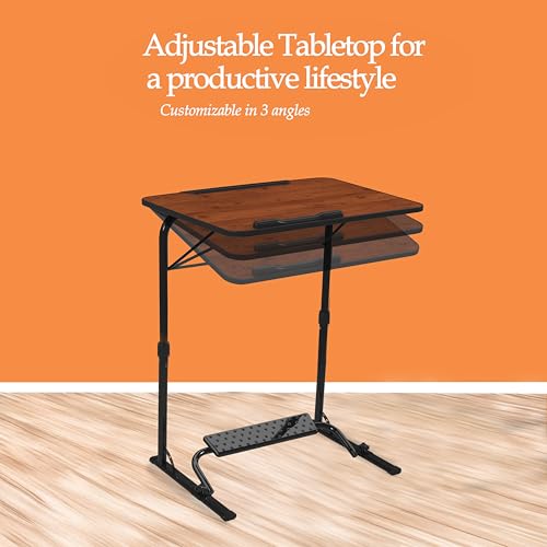 Image of Amazon Basics | Work Easy | Height Adjustable Laptop Table with Footrest | Adjustable Table Top Angle | Alloy Steel | Rustic Amber | 75 cm - H, 60 cm - L, 44.5 cm - W