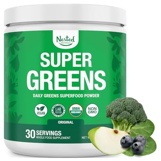 Nested Naturals Super Greens – Green Superfood Powder Booster, Promote Energy & Vitality Nutrient-Rich superfoods | 30 Servings Contain Spirulina, Wheat Grass, Barley, Probiotics, Fiber & Enzymes
