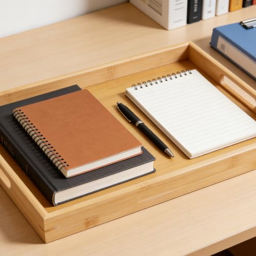 ZEONHEI 2 Pack Rectangular Bamboo Tray Set with Handles, 2 Sizes of Rustic Wooden Serving Trays for Tea Coffee Snack, 38 x 25 x 4cm / 40 x 28 x 3.5cm - Image 5