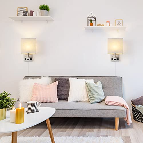 Oyeal Plug In Wall Sconces Set Of 2 Bedside Wall Lamp Light With Usb Charging Ports Ac Socket, Fabric Linen Shade, Wall Mount Light For Bedroom Living Room Hallway (Led Bulbs Included) #TOP6