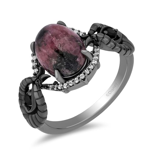 Jewelili Enchanted Disney Fine Jewelry Maleficent Ring for Women | Black Rhodium over Sterling Silver | Rhodonite & 1/8 CTTW Natural White Round Diamonds | Size 8 | Villain Jewelry With Gift Box