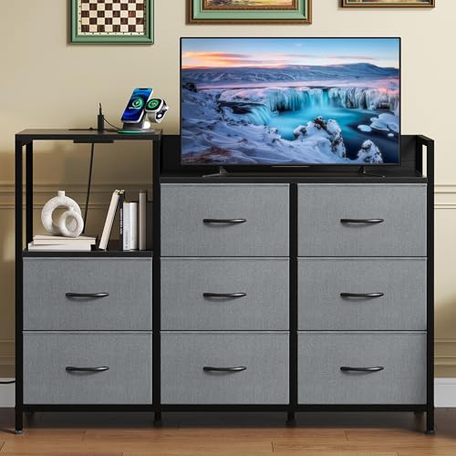 Image of NEWBULIG Dresser TV Stand with 8 Fabric Drawers and 1 Shelf, Wooden Top TV Media Console Table for Up to 45 inch, Entertainment Center with Charging Station for Living Room Bedroom, Grey