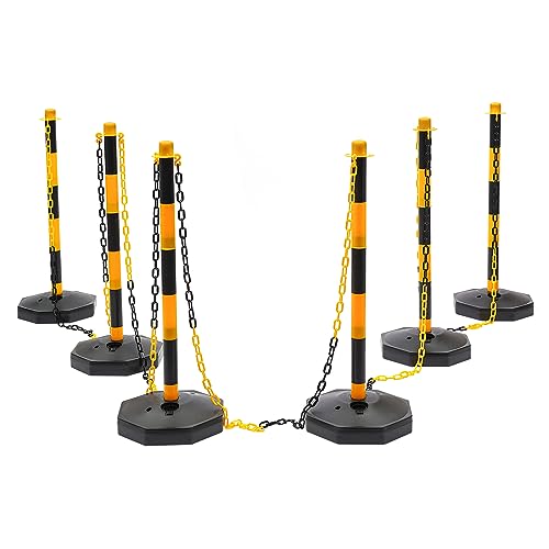 Lot de 6 Poteaux de Délimitation, Poteau de Guidage avec Barrière à Chaînes en Plastique 5 x 200Mètres, Base en Caoutchouc, en Plastique, Noir Jaune