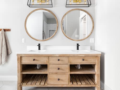 Rustic Farmhouse Circle Wall Mirror - 30 Inch Round Wooden And Beaded Framed Large Mirror For Entryways, Washrooms, Bathrooms, Living Dining Rooms - Antique Modern Circular Wall Decor - Brown #TOP4