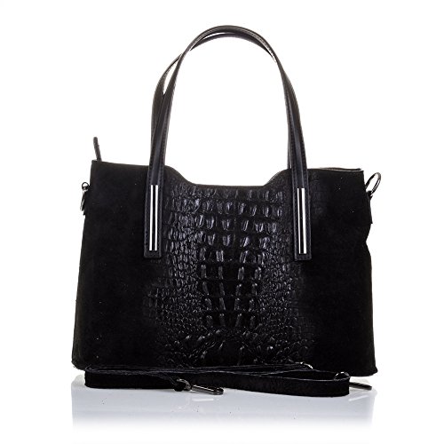 Firenze Artegiani Bolso Tote de Mujer en Piel auténtica, Grabado cocodrilo y Lacado, Detalles Piel Dollaro, 31 cm, Negro