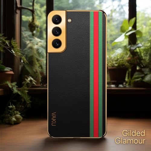 Image of Vaku Luxos Felix Line Back Cover for Samsung Galaxy S22 5G with Leather Pattern Gold Electroplated Soft TPU Cover Shockproof Protective Case - Black