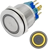 Lumonic Pulsante piatto in acciaio inox diametro 25mm I Con un LED ad anello in giallo Dimensioni: 2,8x0,5mm Spine 250V 3A I Antivandalo secondo standard IP65