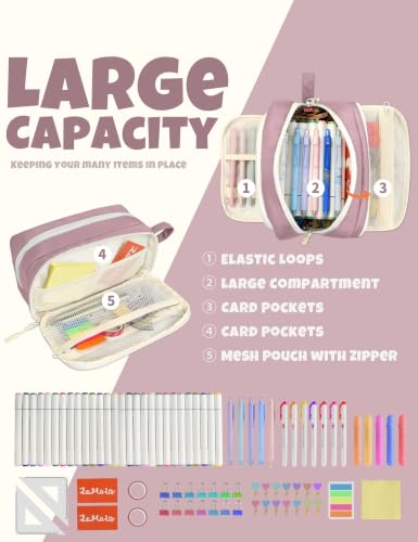Image of SUNEE Cute Pencil Case, Aesthetic Pen Pouch with 3 Compartments, Kawaii Colored Large Pencil Bag with Zipper, Stationery Storage and Organizer, Purple School Supplies for Teen and Adult Girls