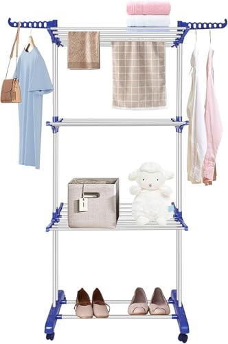 Image of LUCCI Clothes Drying Rack, Folding Clothes Rail Storage Stand, 3 Tier Stainless Steel Laundry Garment Dryer with Dual Side Wings, Heavy Duty Portable Clothes Horse Organizer for Indoor Outdoor Use