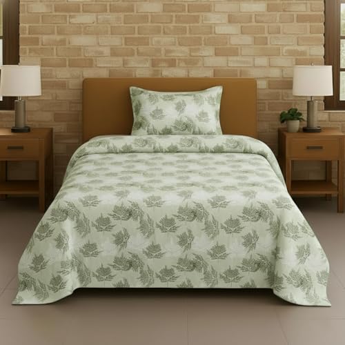 Image of Trance Home Linen Pure 100% Cotton 144TC Printed Single Fitted Bedsheet with 1 Pillow Cover (78 x 36 inch, Fern Paradise Green)