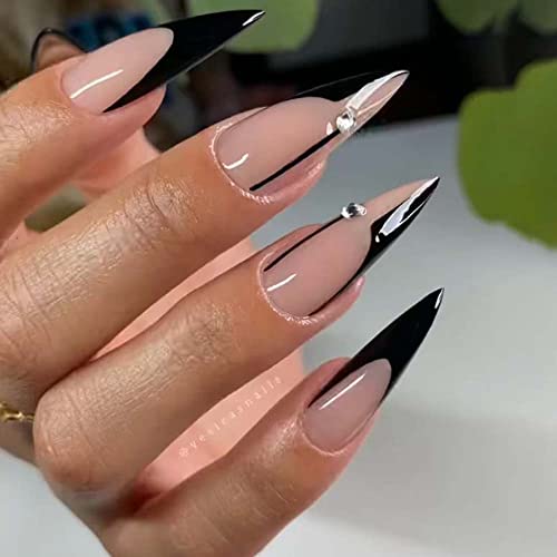 Andging Black White Stiletto Press On Nails Long French Tip Fake Nails Glue On Nails For Women With Rhinestone Design Cute Acrylic False Nails Full Cover Stick On Nails For Wedding Birthday 24Pcs #TOP1