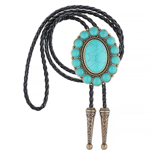 Image of GelConnie Bolo Tie for Men Women Western Cowboy Turquoise Leather Necktie | Natural Stone Bolo Tie Necklace for Women Rodeo Cowboy Leather Necktie Native American Western Cowgirl Ties Adjustable Cord
