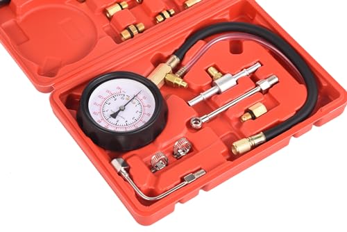 Profi Benzindruckprüfer Set 0-10 bar, Kraftstoffdruckmesser für Benzinmotoren, Kraftstoffsystem Tester inkl. Adapter & Schlauch, KFZ Diagnose-Werkzeug mit Koffer