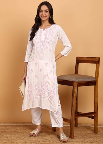 Image of Women Pink Ethnic motifs Embroidered Lucknowi Chikankari Long Kurti