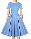 MINTLIMIT Women's Vintage Classy Round Neck Audrey Hepburn Rockabilly Short Sleeve Swing Party Tea Dress (Solid Light Blue, Size XL)