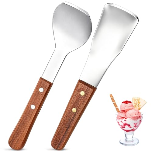 Yesland Ice Cream Scoop Set 2 Pack, Stainless Steel Ice Cream Spade with Wooden Handle, Heavy Duty Flat Paddle for Hard Frozen Dessert, Butter Cutter Cake Scraper for Kitchen Home Commercial Use