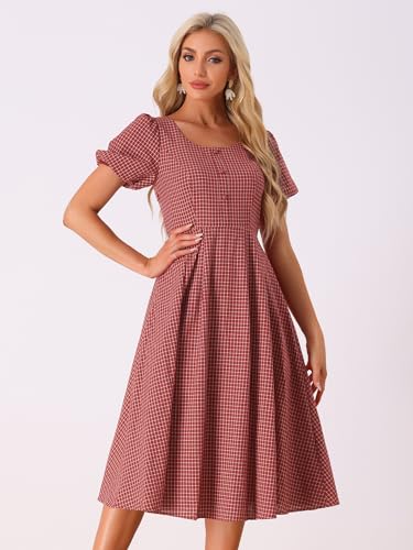 Image of Allegra K Plaid Dress for Women Summer Smocked Back Round Neck Puff Short Sleeve Flowy Midi Dresses