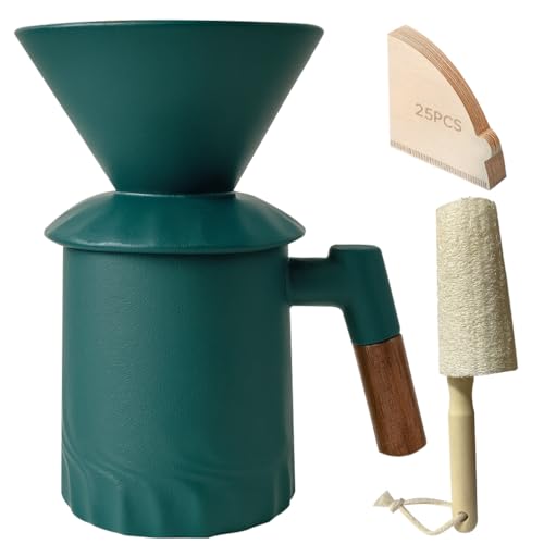 Mleuxvics Pour Over Coffee Maker Set, Ceramic Pour Over Coffee Dripper 15.5oz/450 ml with 25 Pcs V60 Paper Filter, Coffee Pour Over Set for Camping, Olive Green