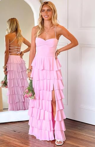 RSOETOO Chiffon Bridesmaid Dresses Long Spaghetti Straps Tiered A-Line Formal Evening Party Gowns with Slit RO3644