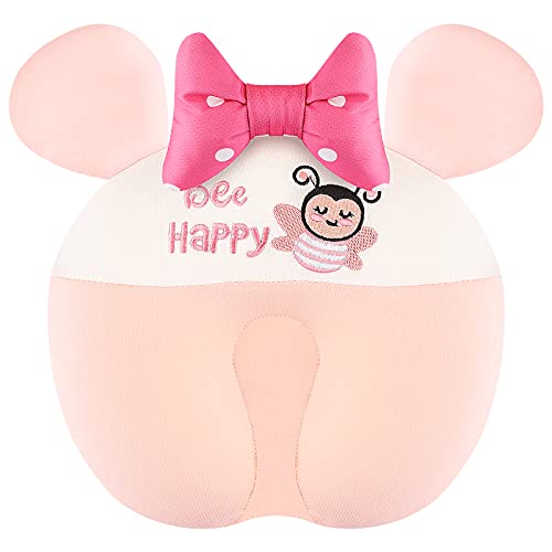Baby Pillow Anti Flat Head - Infant Sleeping Organic Pillows Newborn Toddler Neck Round Support Pillows Pink Polka Bow-Knot Decor Gift for Boy and Girl Car Seat Crib Mattress Bed