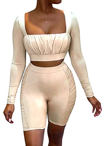 Ohvera Women\'s 2 Piece Outfits Square Neck Ruched Long Sleeves Crop Top Shorts Tracksuit Sets Nude Medium
