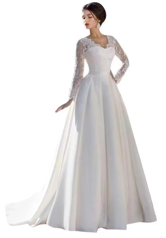 Women's Wedding Dress for Bride A-Line V-Neck Lace Applique Long Sleeve Trailing Bridal Dress Elegant Maxi Bridal Gown