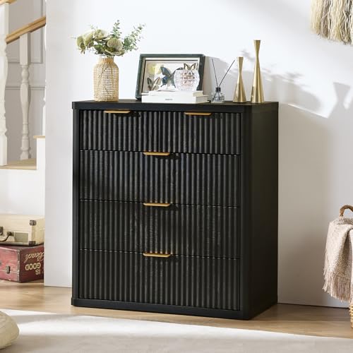 Image of LEYAOYAO Fluted 5 Drawers Dresser for Bedroom Set of 2, 34 inch Tall Modern Chest of Drawers with Metal Handle, Curved Profile Design,Black Wood Drawer Organizer for Bedroom, Living Room, Hallway