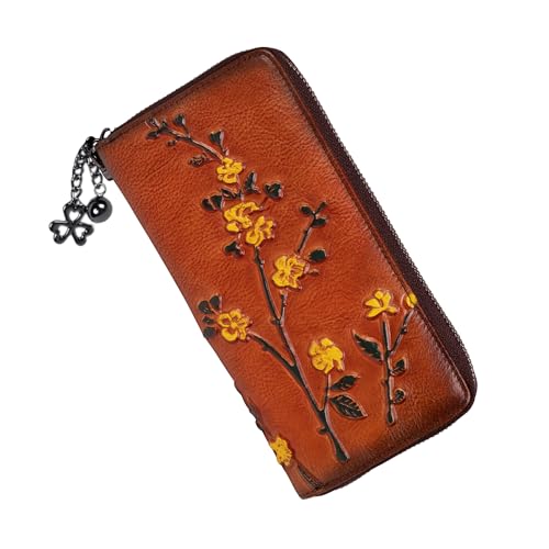 Wallet Genuine Leather for Women - with RFID Blocking Card checkbook ID Slot Large Capacity Vintage style (flower brown)