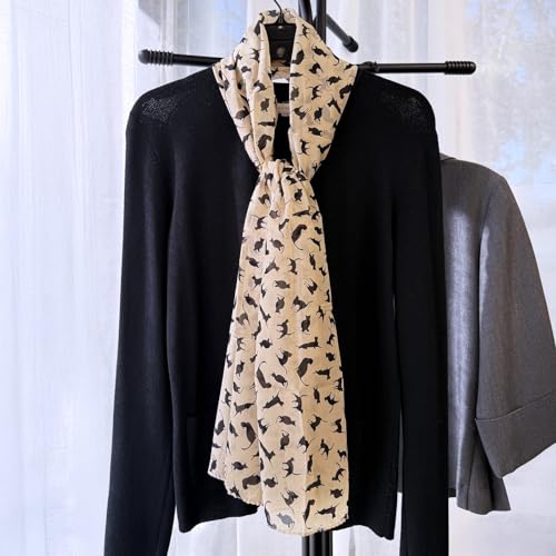 allydrew Lightweight Cat Print Chiffon Long Scarf, Beige3