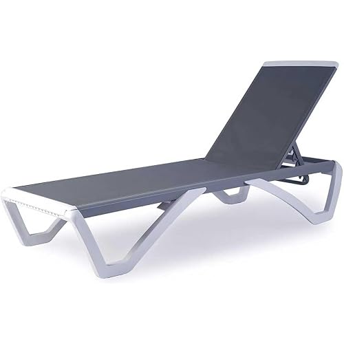 Kozyard Outdoor Chaise Lounge Chair, Full Flat Adjustable Patio Lounger with Aluminum Frame & Resin Legs, Textilene Fabric for Poolside, Backyard & Beach (Gray, Chair)