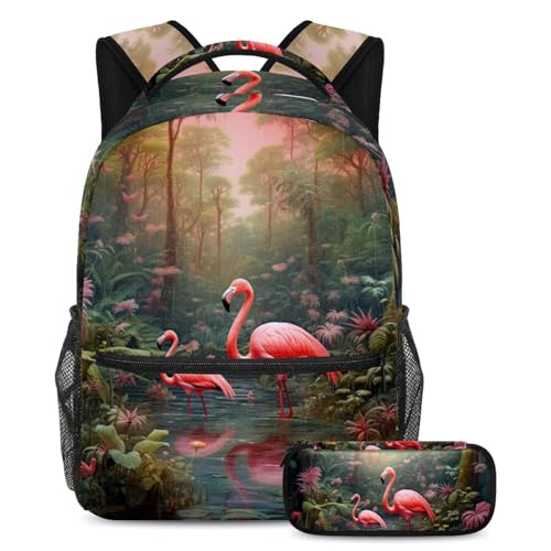 Cartable flamant rose tropical anti-mal de dos grand sac avec trousse scolaire combo