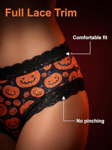 Morvia 5 Pack Halloween Themed Printed Lace Low Rise Panties for Women, Gothic Skull Soft Breathable Underwear, No Show Bikini Briefs for Party Daily Wear - image 5