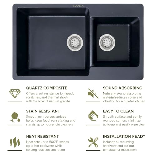 Image of EVANEX Quartz Kitchen Sink|Double Bowl Sink for Kitchen|Topmount /Undermount Kitchen Sinks|Black Double Sink with Connector, Waste Pipe, Coupling and Drain Basket|34x20x9 Granite Kitchen Sinks
