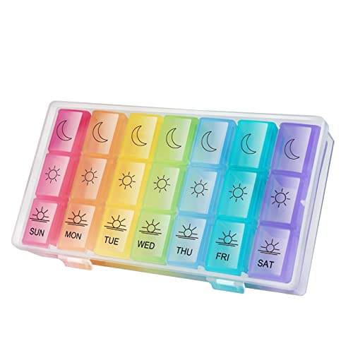 Buy 1 get 1 Weekly Pill Organizer 3 Times a Day, Travel Friendly Pill Box 7 Day with Large Compartments and Sturdy Design, Portable Medication Reminder for Vitamins/Fish Oils/Supplements