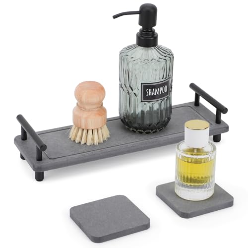 Image of Segbeauty 12x4in Stone Drying Tray for Bathroom Counter, Fast Drying Kitchen Sink Organizer Tray with Handle, Water Absorbent Diatomite Coasters Vanity Tray Soap Dispenser Organizer Rack Sponge Holder