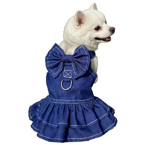 Qiansail Dog Denim Dresses, Summer Dog Skirt with Leash Ring and Cute Bow Knot Cat Girls Clothes Pets Female Outfits for Puppy Kitten (L)