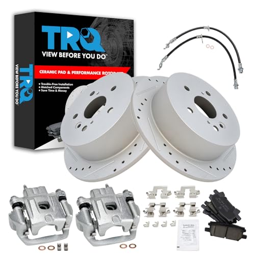 Image of TRQ Performance Rear Brake Pad and Rotor Set Ceramic Slotted Drilled Coated Calipers Compatible with 04-06 Lexus RX330 06-08 RX400h 07-09 RX350 06-07 Toyota Highlander with All Wheel Drive