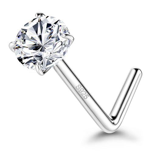 MILACOLATO 925 Sterling Silver Nose Studs, 18G 20G L Shaped Nose Rings, Simulated Diamond CZ Hypoallergenic Nose Piercings for Women Men 1.5 2 3MM
