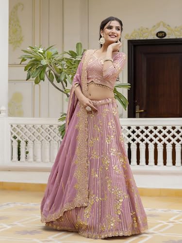 Image of TRENDMALLS Women's Georgette Embroidery Sequence Work Lehenga Choli with Dupatta For Women Semi-Stitch