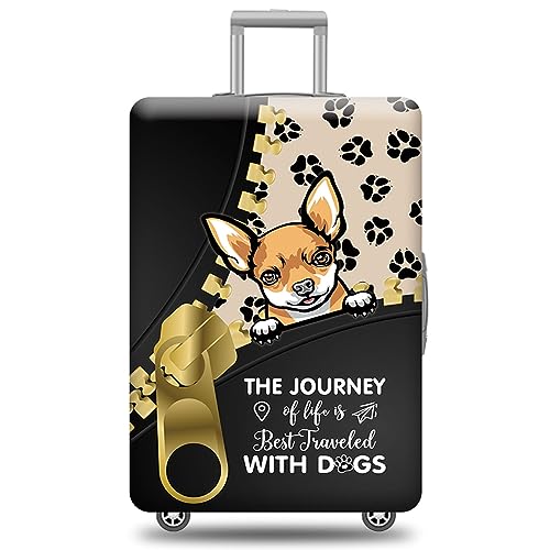 Funny Chihuahua Luggage Cover The Journey of Life is Best Traveled with Dogs Suitcase Cover Puppy Animal Paws Golden Zipper Printed Suitcase Baggage Protector Fits 29-32 Inch