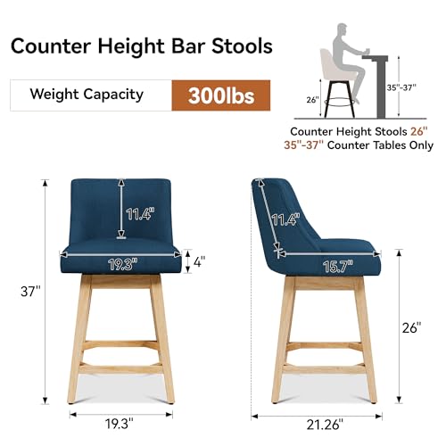 Image of Swivel Counter Height Bar Stools Set of 4, Modern Fabric Swivel Barstools with Contoured Back and Solid Wood Legs, Upholstered Counter Stool Bar Chairs for Kitchen Island, Home Bar, Blue