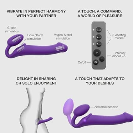 Strap-on con 3 motores de vibración independientes – control remoto inalámbrico – silicona flexible – recargable e impermeable – experiencia en pareja – Strap-On-Me (Morado, M)