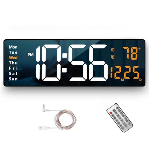 Image of Large-Digital-Wall-Clock Large Display with Remote Control, Automatic Brightness Alarm Clock with Temperature, Date, Week for Living Room Office Decor (16 inch RECTENGLE White& ORENGE)