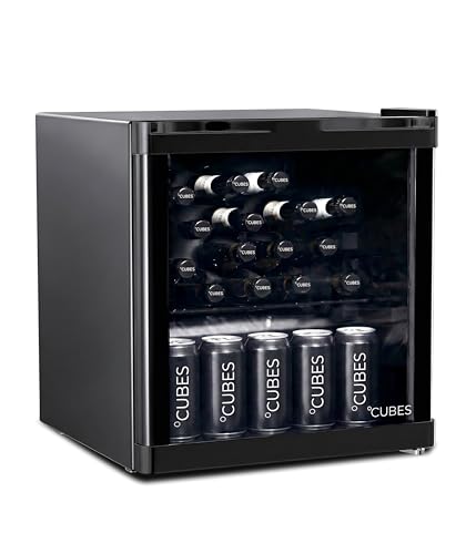 °CUBES Mini Kühlschrank 48 L Schwarz – Eleganter Getränkekühlschrank mit Glastür & 1 variabler Ablage | Leise & energieeffizient (39 dB) | Perfekt für Büro, Küche, Gaming & Bar | Stilvolles Design