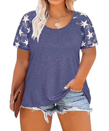 Image of CARCOS Plus Size Tops for Women Short Sleeve Raglan Striped Tee Color Block Crewneck /V Neck Tunic Loose Fit Summer XL-5XL
